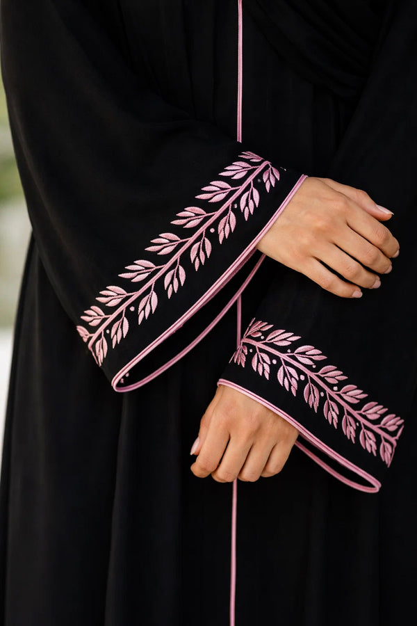 pink leaf-pattern embroidery abaya
