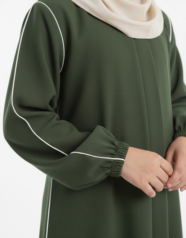 kids basic piping abaya-olive green
