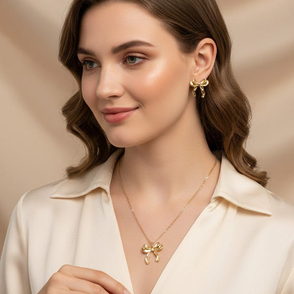 Ribbon Bow Necklace & Earrings Set