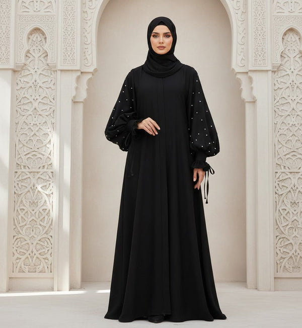 Black abaya with sleeves pearls