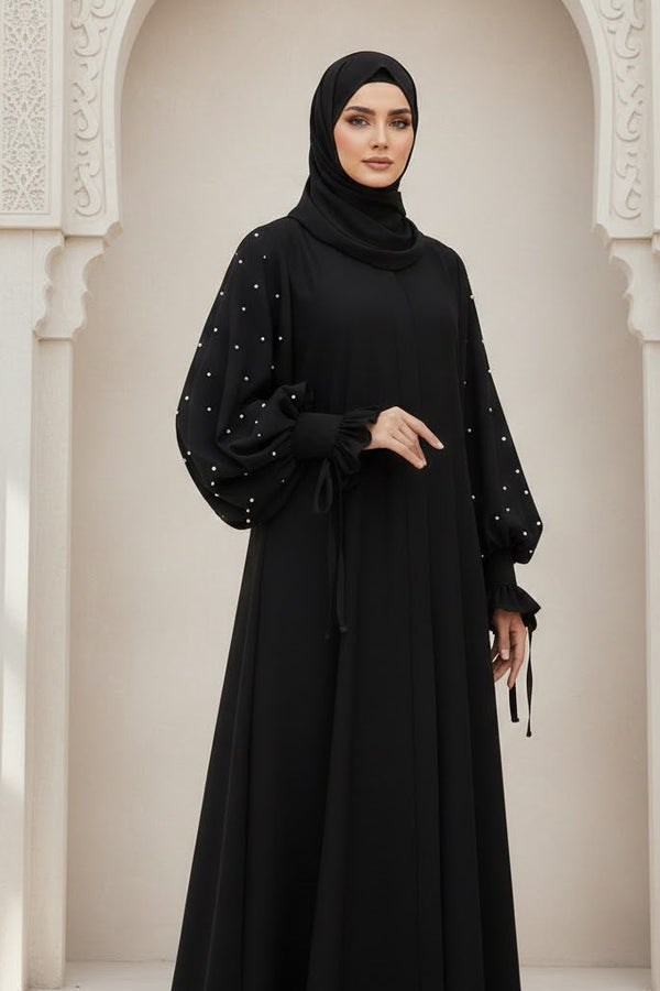 Black abaya with sleeves pearls